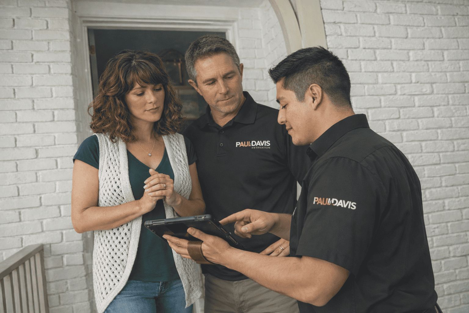 Paul Davis Restoration technicians reviewing restoration plan with homeowners in Northwest Virginia, providing professional damage assessment and insurance claim support