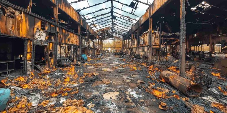 Commercial fire damage cleanup and smoke restoration inside heavily burned industrial building | Paul Davis Restoration of Northwest Virginia